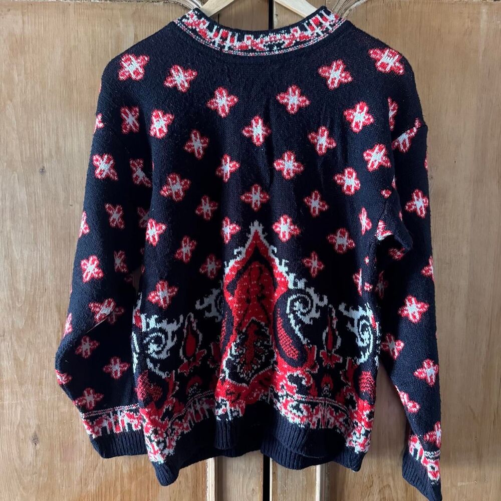 Vintage 80s 90s Keren USA Sweater M/L Black Red White Paisley Jacquard Knit